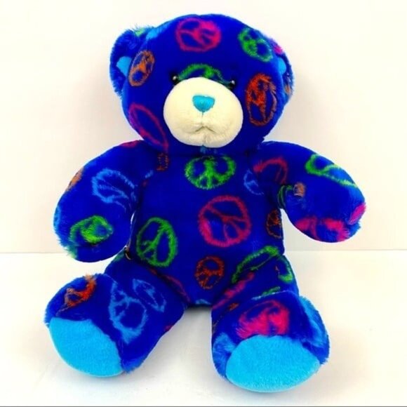 Build a Bear Teddy Bear Peace Signs Sitting Plush Stuffed Animal Blue Green Toy - Picture 1 of 9